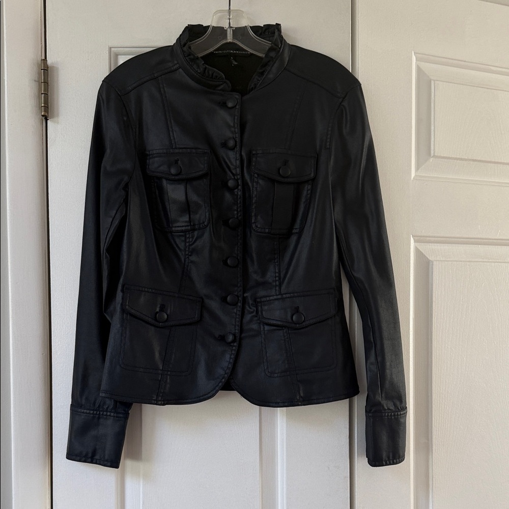 White House Black Market Dark Navy Blue Faux Leather Button-Up Jacket